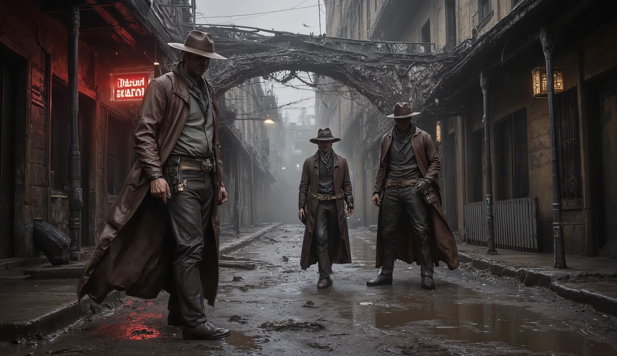 ultra-realistic cinematic wide shot of a foggy, rain-soaked street in the City of the Dead, muddy ground reflecting dim red neon lights from broken storefronts, three gunslingers positioned at different points across the scene — one leaning against a wooden post near a saloon entrance, another half-hidden in the shadows of a crumbling archway, the third standing in the open near a flickering streetlamp, all wearing rugged brown leather coats and wide-brim hats, their expressions cold and unreadable, each with one hand resting on the grip of their holstered revolvers, tension visible in their posture, soaked boots planted firmly in the mud, fog drifting between them, distant thunder and crows overhead, eerie silence dominates, gothic western noir tone, atmosphere of imminent confrontation, 16:9 aspect ratio