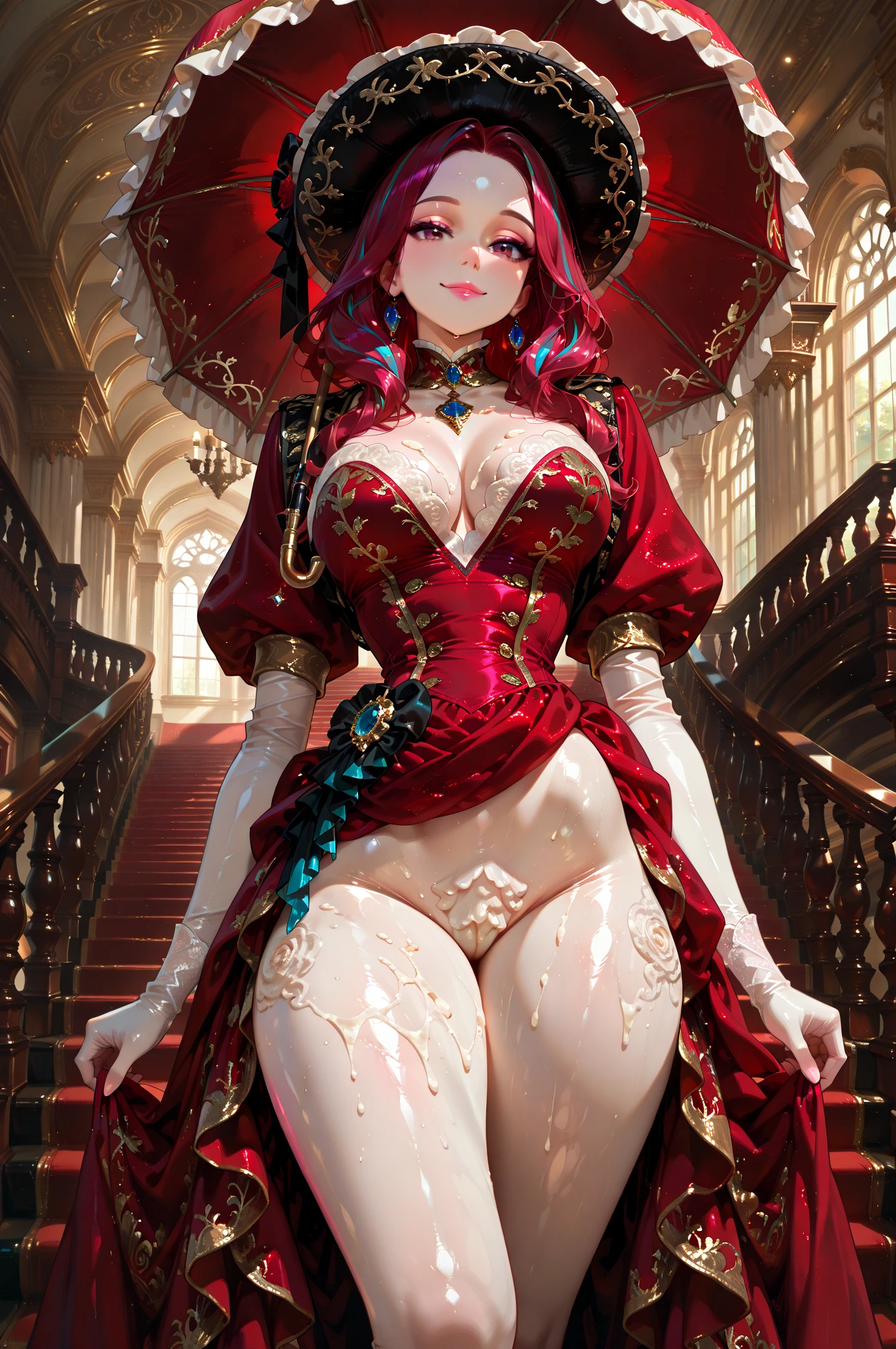 1girl, ((masterpiece,best quality)), solo, Star Dress, ((a sexy renaissance era dress with Victorian styling)), ((Full body)), (tight waist, medium breasts, thighs)), Sexy, excited, Hentai art, big breasts, epic art, fantasy, 8k, hd wallpaper, high quality, intricate, elegant, highly detailed, clear focus, illustration, poster, postcard, ((right ???????)), Dark red hair, Celestial being, elf, royalty, ruler, queen, galaxy, character, standing, both feet on ground, arms extended by side