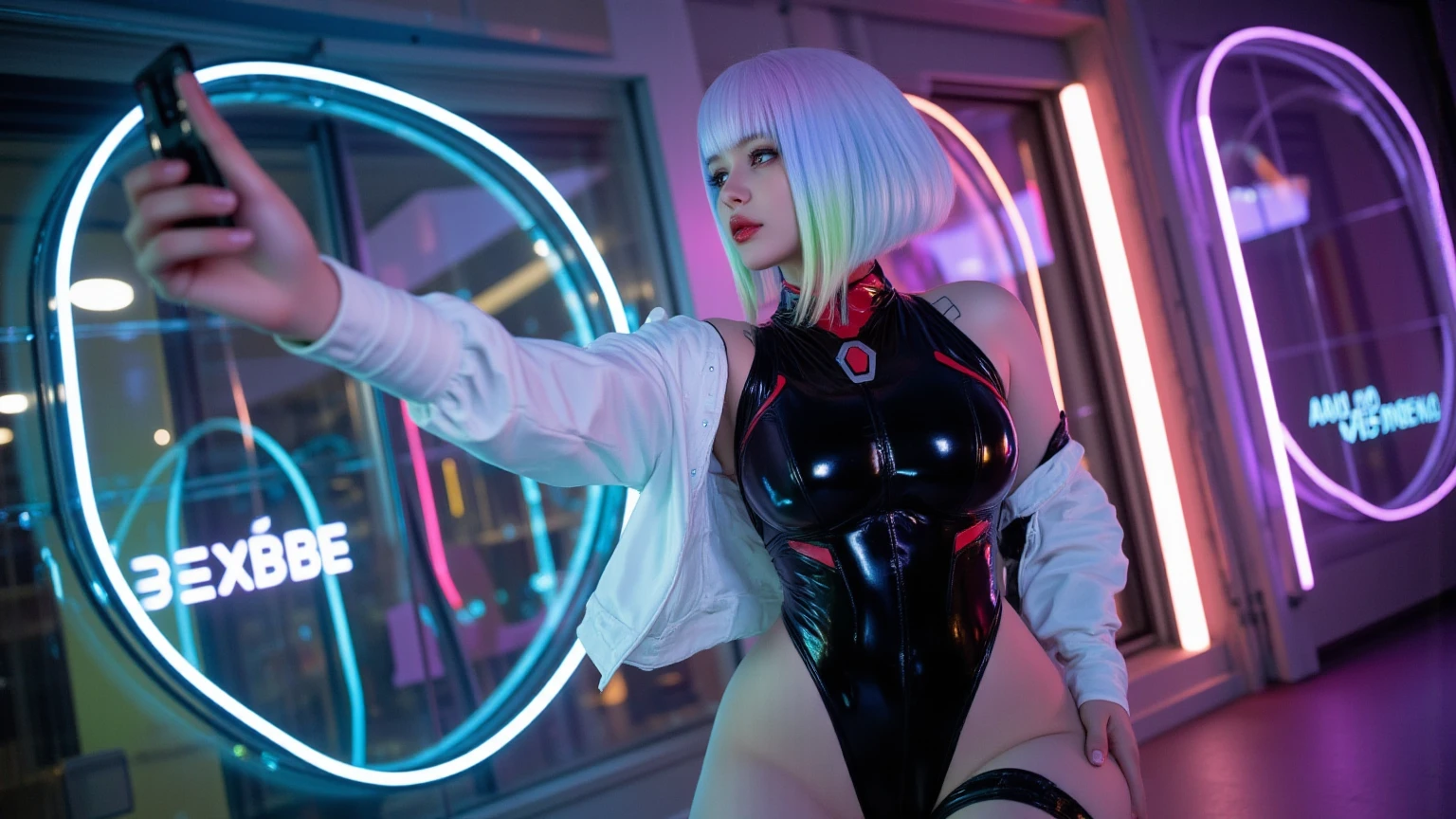 pretty, woman, sexy face, yellow eyes, white hair, slim body, sexy pose, pink tights, mecha, neon sign, led night city, seen from above, high quality, realistic, beautiful light, complete detail, black background