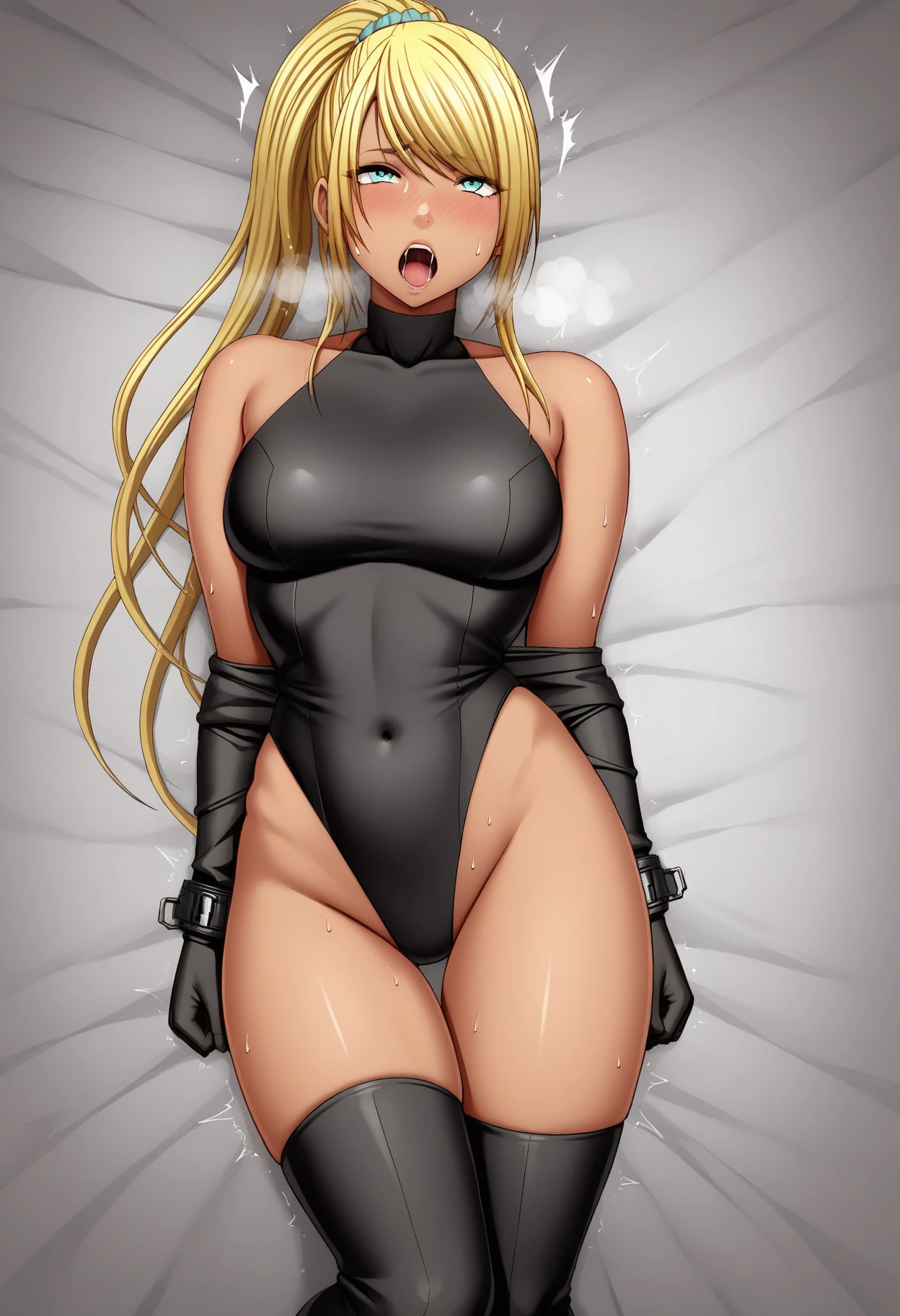 _asura, 1girl, colored_sclera, black_sclera, blonde_hair, breasts, long_hair, zipper, solo, mask, bondage_outfit, gloves, red_eyes, armpits, elbow_gloves, facial_mark, heart, navel, spikes, thighhighs, ass_visible_through_thighs, collar, looking_at_viewer, black_gloves, spiked_collar, large_breasts, arm_up, shiny_clothes, spread_legs, bdsm, zipper_pull_tab, heart_o-ring, latex, forehead_mark, o-ring, dominatrix, shiny, mouth_mask, black_thighhighs, thighs, hair_ornament, thigh_strap, skindentation, collarbone, bare_shoulders