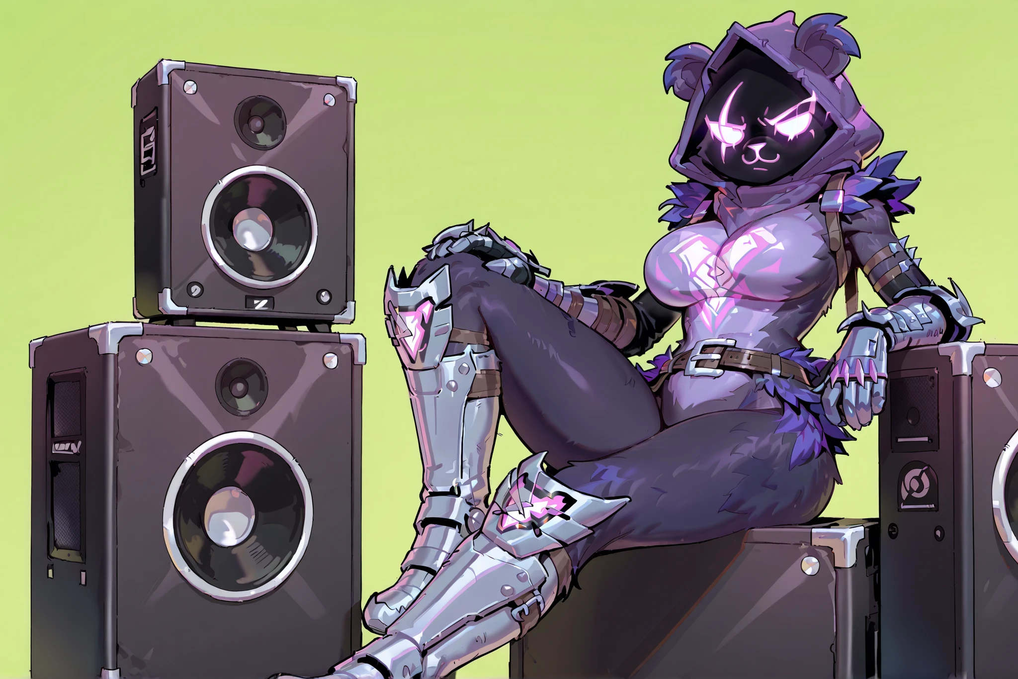 wagasstyle,Solo,metal boots,Raven Team Leader, 1girl,curvy body,large breasts,masterpiece, best quality, purple hood, faceless, shaded face, animal ears, dark skin, purple skin, scar on eye, (furry), (body fur:1.2), purple fur, belt, straps, |3, torso symbol, metal gloves,standing,relaxed,flat simple green background,8k,front perspective,arms close to the body,holding with right arm a speaker on his right shoulder,sitting on a speaker