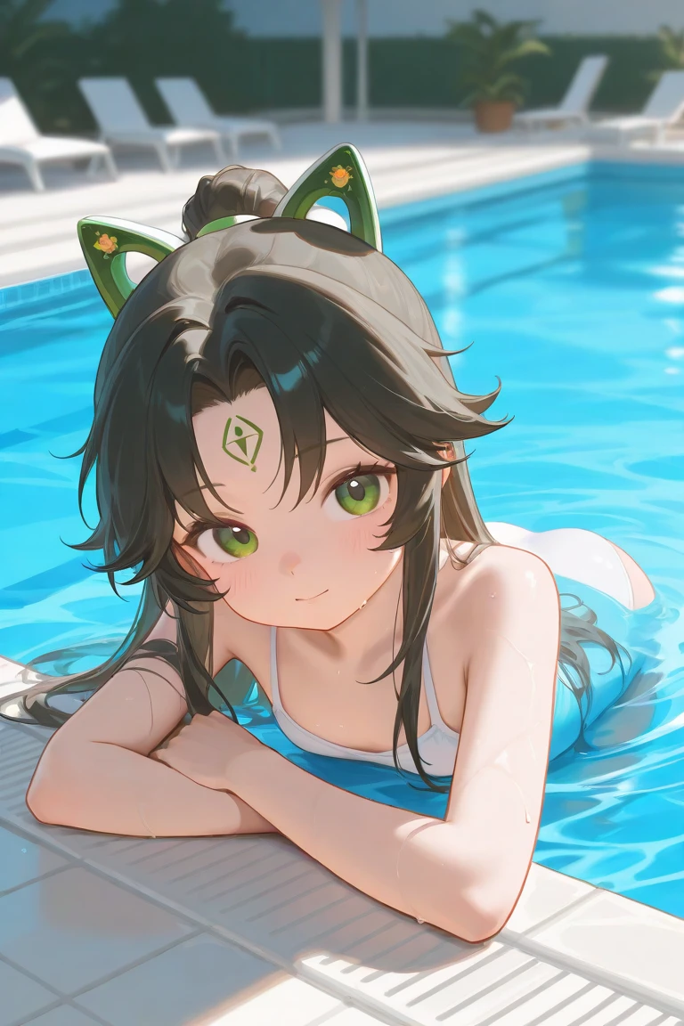 Girl, green hair, long hair, green scales on thigh, frilled ears, bikini, pool, small 
