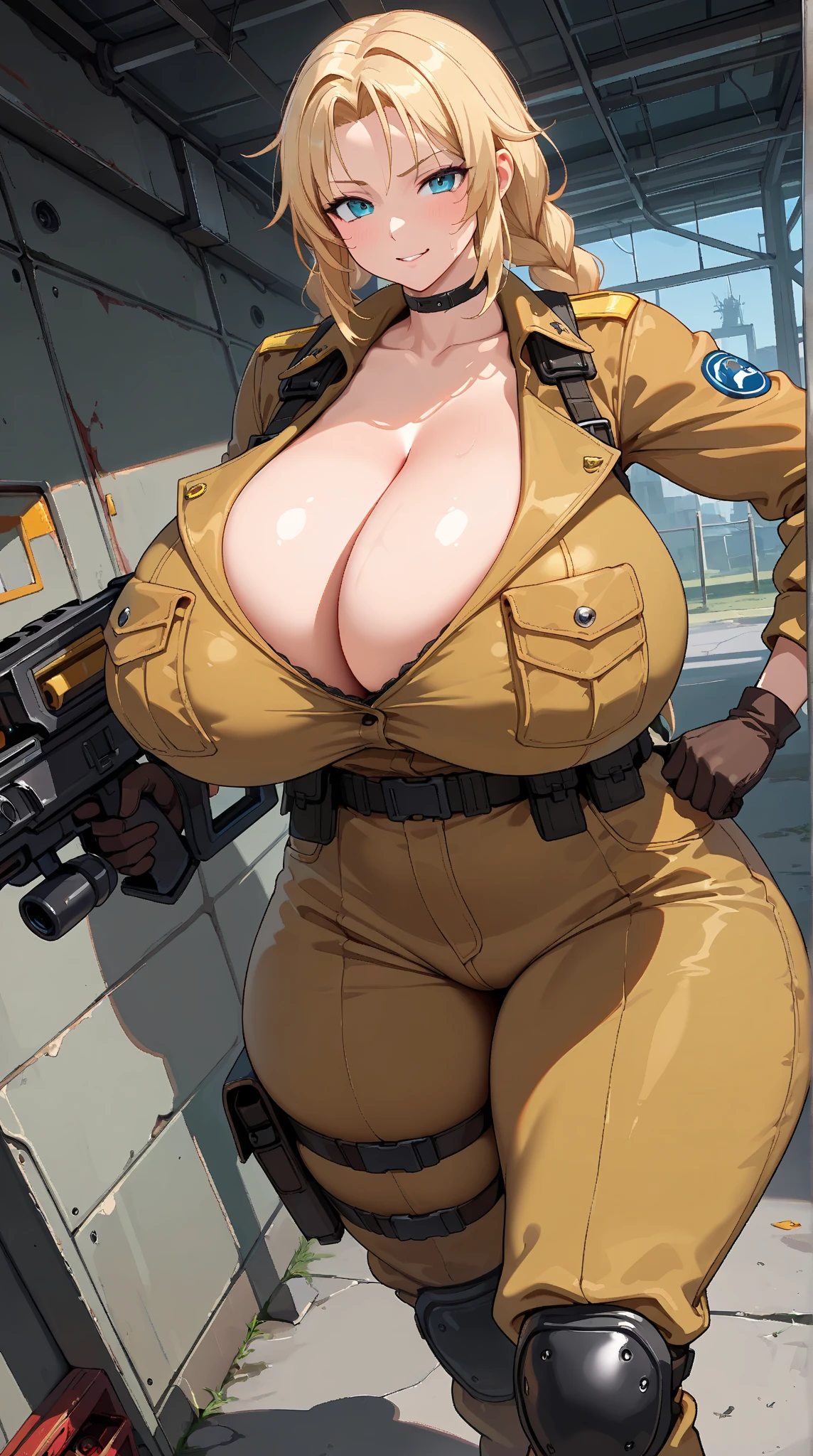(dynamic lighting), (highly detailed cg), (highly detailed skin), (very high resolution), (toned body), (photorealistic), (high-res), (8k),cowboy shot pose, with a big gun, happy smile, (shiny oily skin), collarbone, hipbone, ((nude Anis NIKKE)), short hair, hat, beret, hair ornament,  micro lifted grey shirt, ((exposed big breasts)), ((show perfect erect nipples)), slim waist, (perfect proportions body), perfect legs, lifted crop top, black jacket, open jacket, long sleeves, black shorts, miniature micro short shorts, cameltoe, black thigh highs, knee pads, blushing, looking to the side, embarrassed, ((breasts_out)), nsfw,  ((war Battlefront background)).