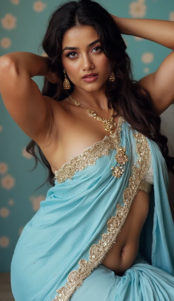 Introducing the Enchanting AI Diva! 💙 Draped in a mesmerizing sky blue saree with intricate designs, our virtual star captivates with her sleeveless elegance and alluring figure. 🌟 Prepare to crush hard on her irresistible charm and beauty!