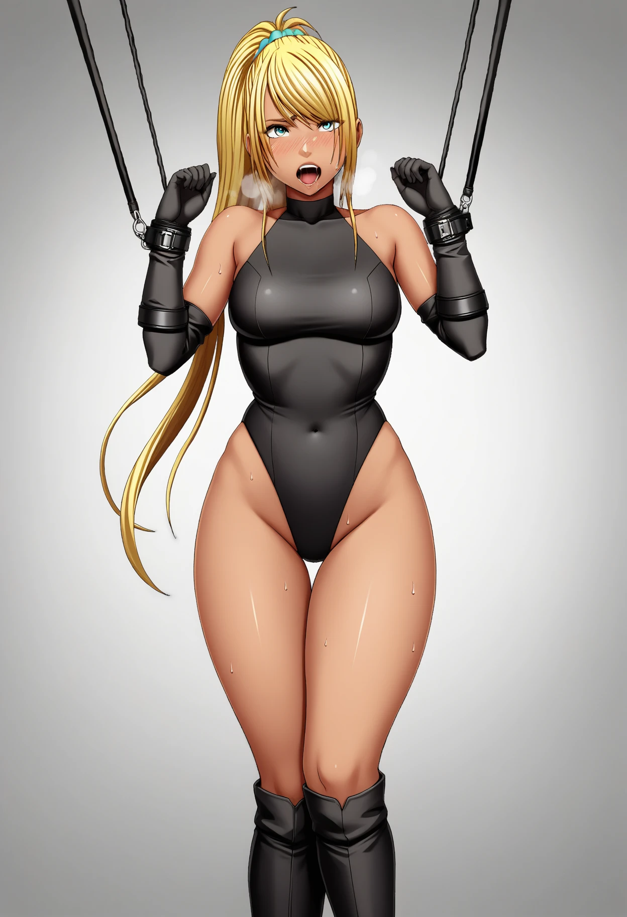 full body, High resolution, Very detailed, perfect lighting, beautiful detailed eyes, ((masterpiece,Best Quality)), absurdities, alone, princess zelda, by the width, crown braid, Hair clip, pointy ears, Gloves without fingers, black gloves, smile, curves, nod, , deep neckline, deep neckline, (((naked))), touching her breasts in a sexy way, close up, Looking to the future, , , police hat, Look into the future, close up, SIMPLE GREY BACKGROUND