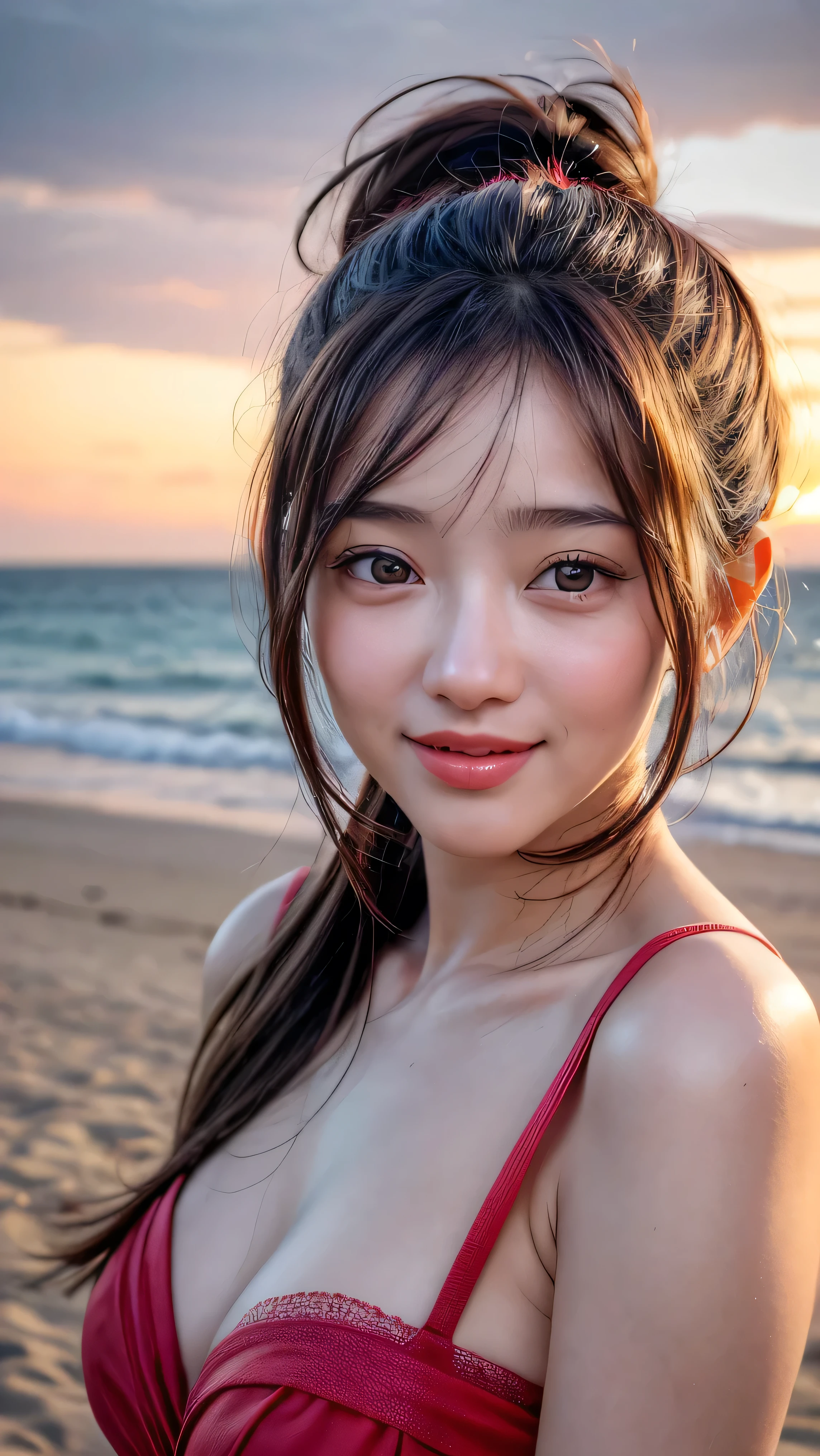 ((top-quality、Top image quality、超A high resolution))、((Raw photo、Photorealsitic:1.4))、Beautiful woman walking on the beach、20yr old、Neat and clean beauty、walking alone、独奏、Perfect Style、thin-waist、small ass、a small face、tthin eyebrows、cute smile face、Young models、Kpop Idol、Round contour、A charming smile、big eye、Ultra-detailed and beautiful skin、maikurobikini、Super detailed and beautiful face