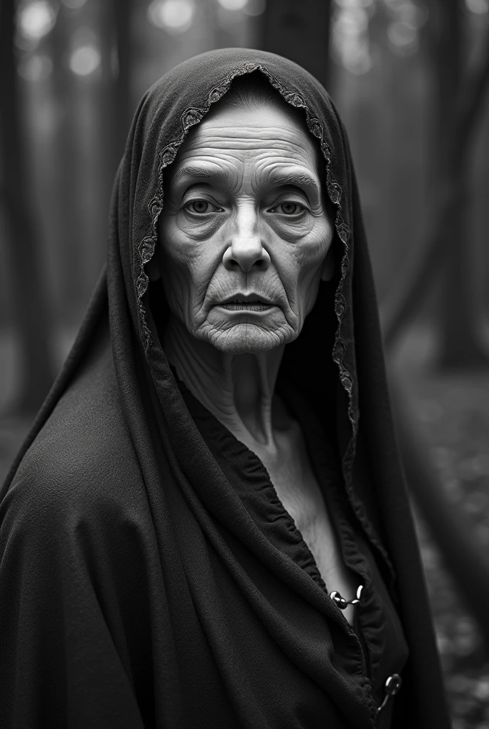 very old woman , black and white , blair witch , horror style, realistic photography