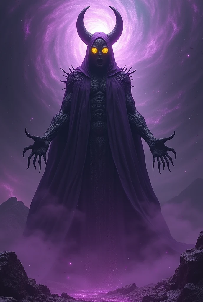 digital illustration of a mythical creature with a dark and ominous appearance. The creature appears to be a demon or a demon-like figure with a skull-like face and a long, flowing robe. It is standing in the center of the image, with its arms outstretched and its head tilted upwards, as if it is ready to attack.
The creature is surrounded by a swirling vortex of purple and blue lightning bolts, creating a sense of energy and power. The background is black, making the colors of the creature stand out even more. The lightning bolts are bright and vibrant, with shades of pink, blue, and purple. The overall effect is one of power and destruction.