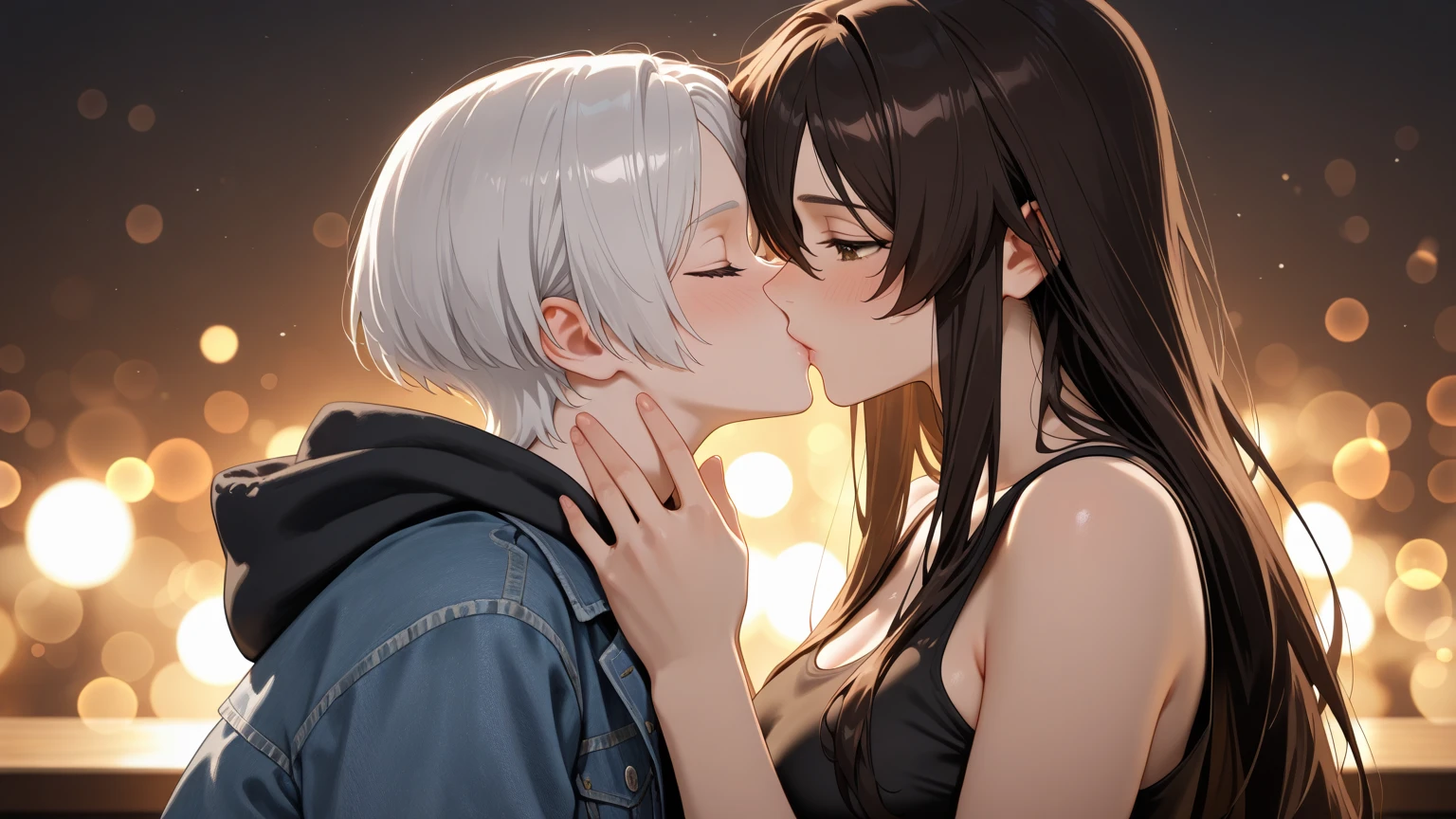 1 guy white hair sitting on a sofa shirtless wearing jeans kissing a girl with long black hair wearing a bra eyes closed 