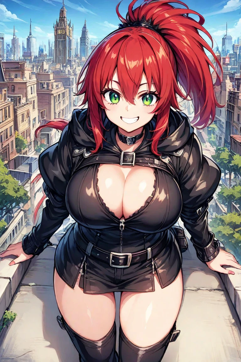 a giantess woman with red hair towering over a city and destroying it with her body