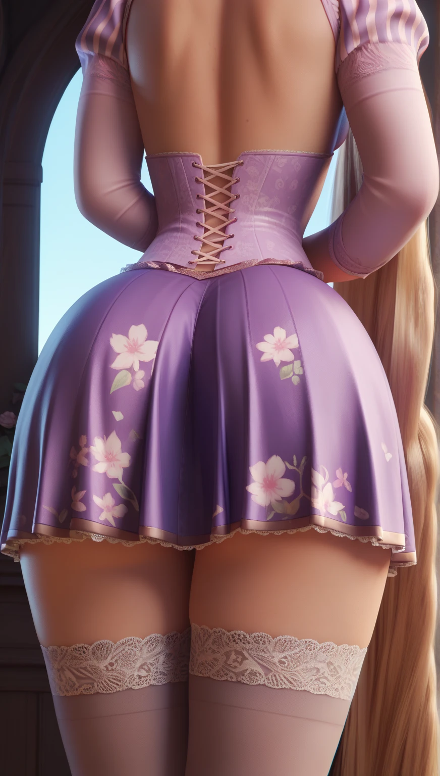 Rapundzel, busty, super hot, short dress, from behind, lookingat wiever
