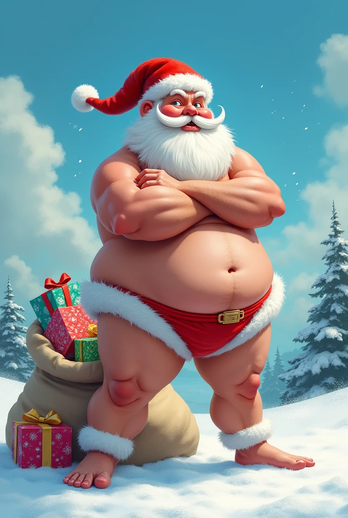 Arte realista detalhada de um santa Claus
masculino gordo, barriga enorme, belly large morbid plump elderly, , Obese Extremely thick thighs wearing only red swimming trunks red cap with hands Gesturing with hands holding testicle with hand, sensualizing with her hand in the crotch,