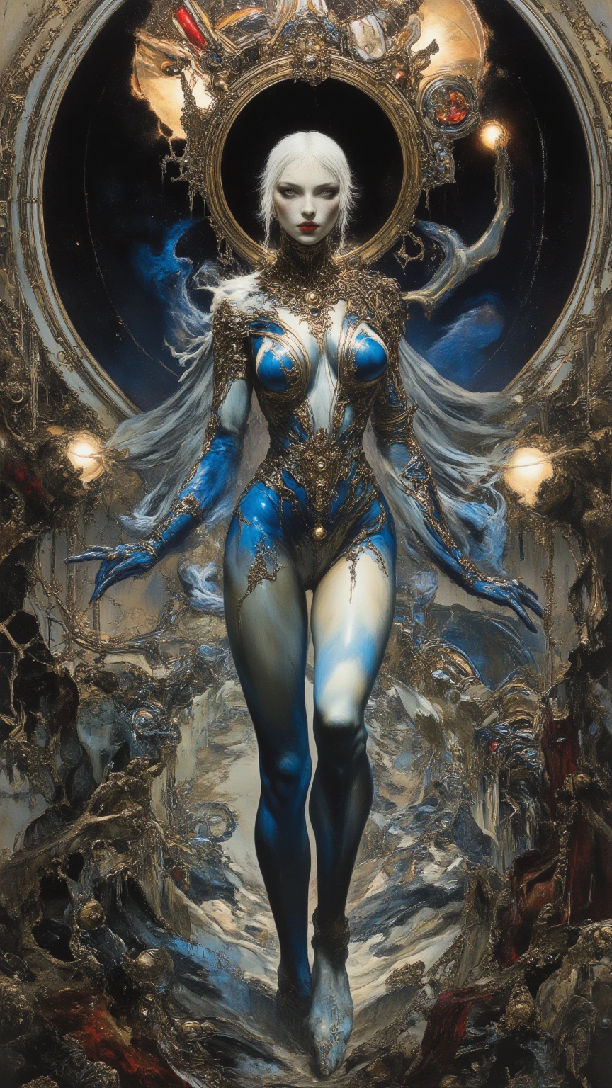 Keep the original outline. Intricate gold nipple rings, gold collars, gold nipple rings, gold nipple stickers. Keep the original outline. Golden eyes looking at the camera, mouth wide open in mockery, sticking out a long red tongue with wet, shark like teeth. The white transparent clothes are connected to the nipple rings, and the white transparent gauze clothes soaked in water. Blue skin, contour repair, facial features correction, facial contour correction, facial contour repair. Lubricious skin covered with gold and turquoise, moist skin, oily skin, shiny skin, smooth skin, (moist skin: 1.8). (nsfw: 1.8), (RAW photo:1.2),(photorealistic:1.4),(masterpiece:1.3),(best quality:1.4), (ultra high res, HDR,8k resolution), (high resolution textures).( dramatic lighting, high contrast). beautiful goddess. She only wears intricate red jewelry and barely covers her large, pointed breasts. ((sweat, highly detailed skin indentations)), (((tears, dripping blood))), (((mocking eyes))), (((perfectly symmetrical face))). ((((Black open flowing hair. Intricate light colored headpiece)))), ((((Detailed camel toe)))). ((((Intricate red jewelry with gold accents)))). small buttocks. Thin thighs. Busty boobs, perfect slim body, perfect long legs, perfect round buttocks, delicate hands, perfect fingers, abs