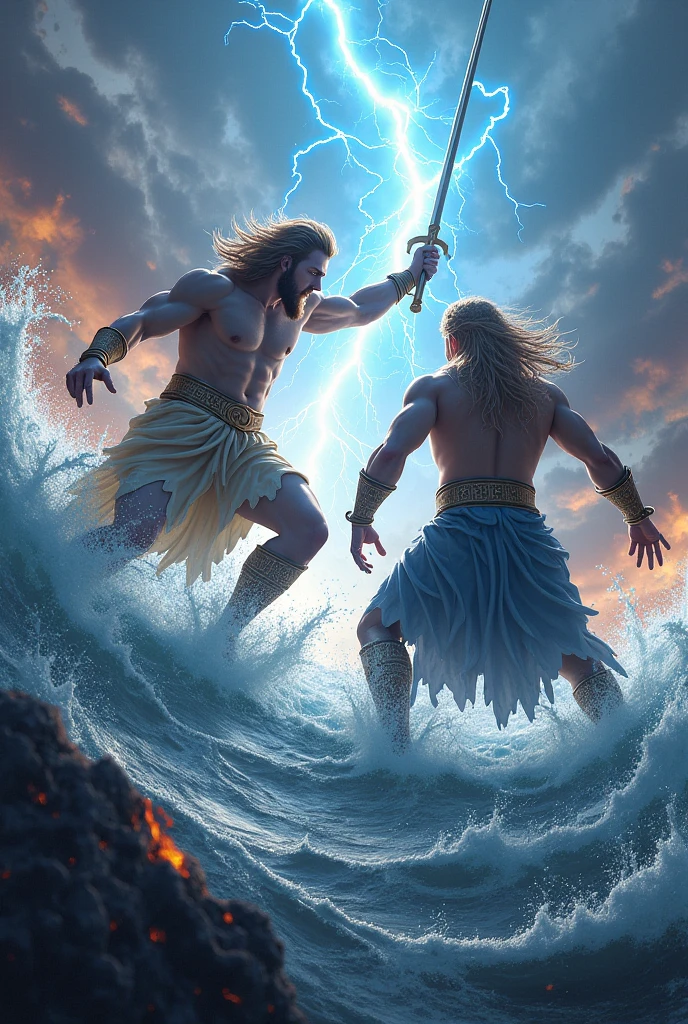 God Chaac vs Poseidon in the style of the anime Record of Ragnarok 