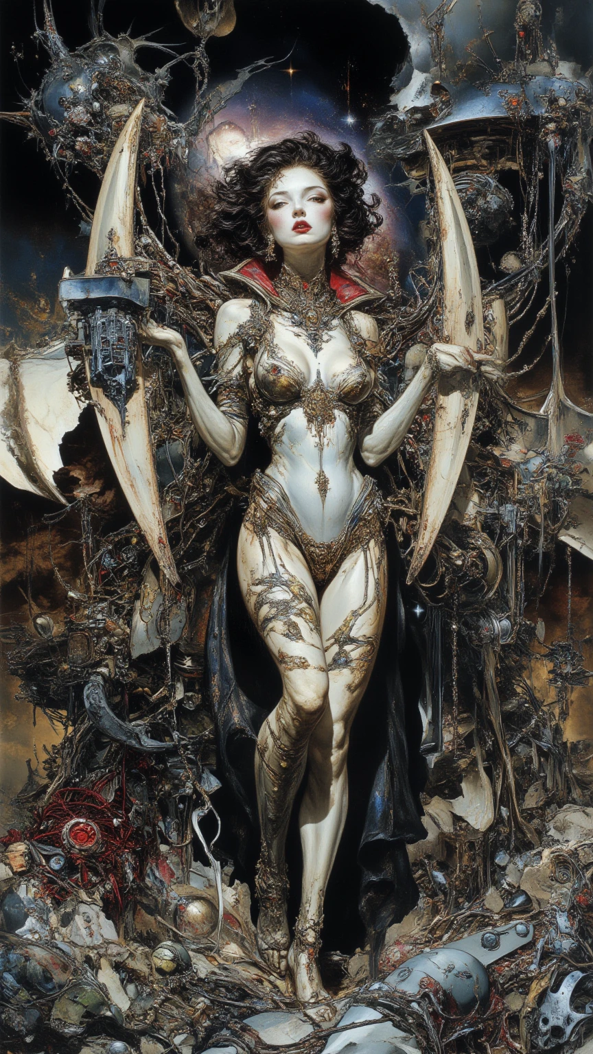 a beautiful illustration of a very muscular vampire girl in an abstract marble texture with a tarot style frame, with colors of obsidian black, shiny gold, and ruby red, highly detailed, intricate design, BY Anne Bachelier,