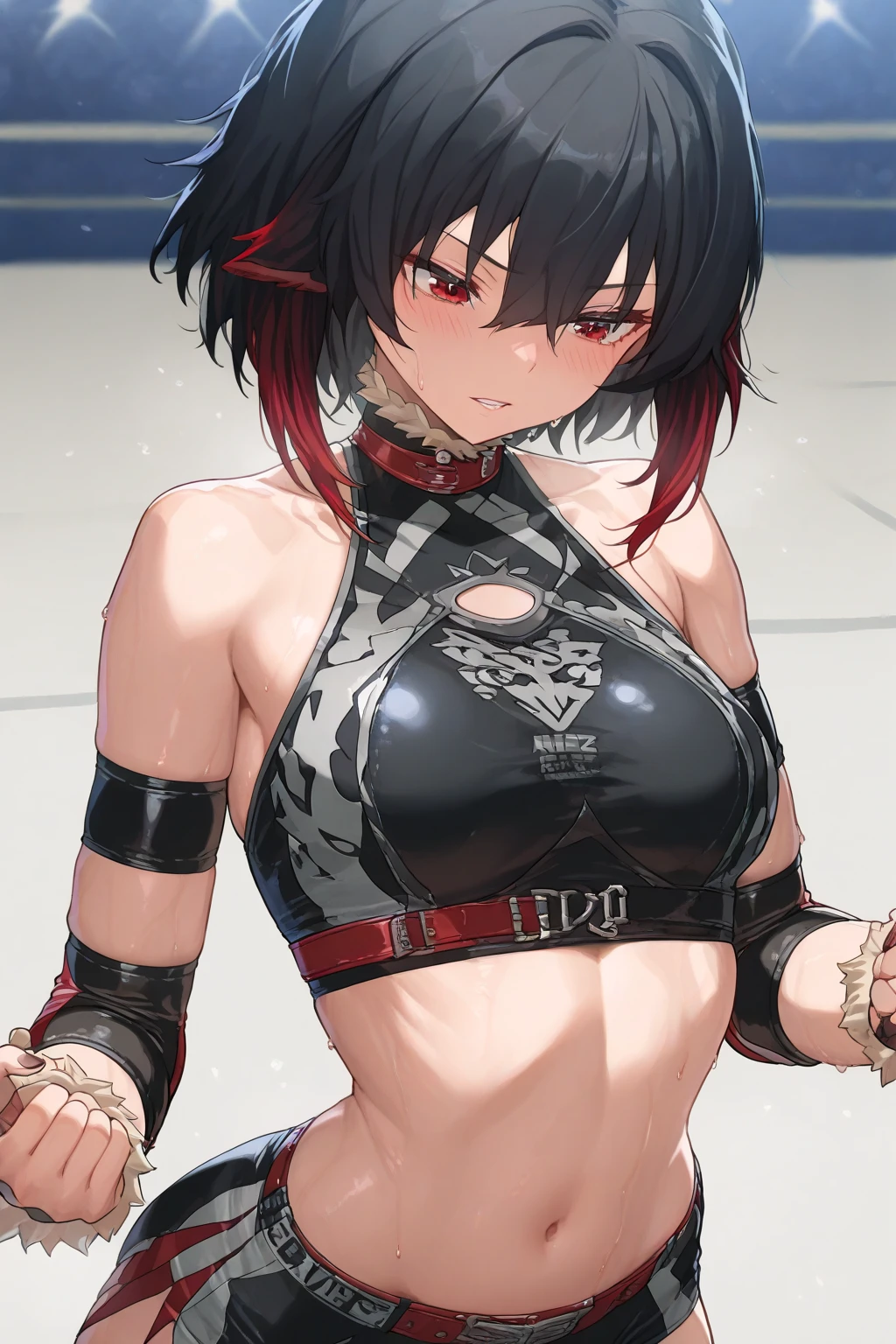 1girl, (solo:1.2), ((masterpiece)), (shadow), [slim], (small breasts), ((sharp focus)), pale skin, ((detailed eyes)), (blurry background), flame effect, (small bikini bra), oversized orange cargo pants, navel, gloves, (collarbone), dramatic pose, purple eyes