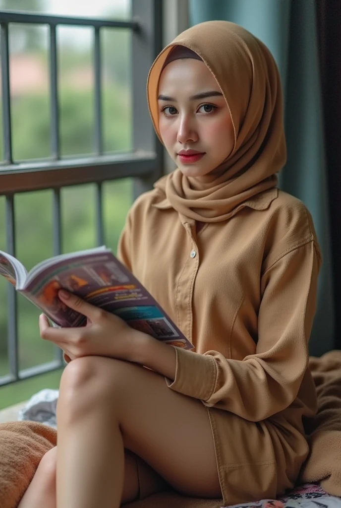 Highly detailed eyes, very detailed face, very beautiful wife, best quality, ultra-detailed (photorealistic), very delicate and beautiful legs, chest-hugging,bad_picture,student clothes and panties outfit,super big breast,(D cup),very detailed facial happy expression,beautiful eyes,brown hair,school,in schoolroom,hijab,sexy,student reading book,full body,