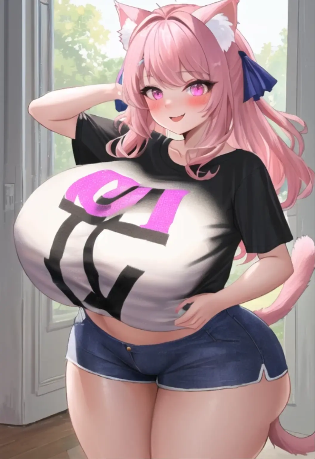 masterpiece, best quality, 1girl, (pink hair long hair, detailed hair, cat ears, pink eyes:1.3), cute, bedroom, (black hair ribbons, t-shirt, tight shorts:1.3), (gigantic breasts:1.1)