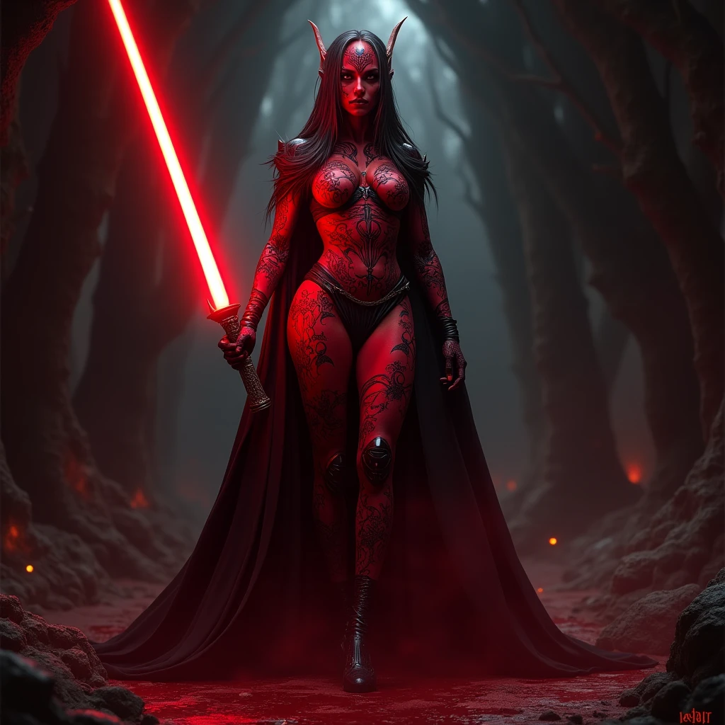 an athletic female twi'lek sithlord, sexy, red skin, battle ready pose, evil vibe