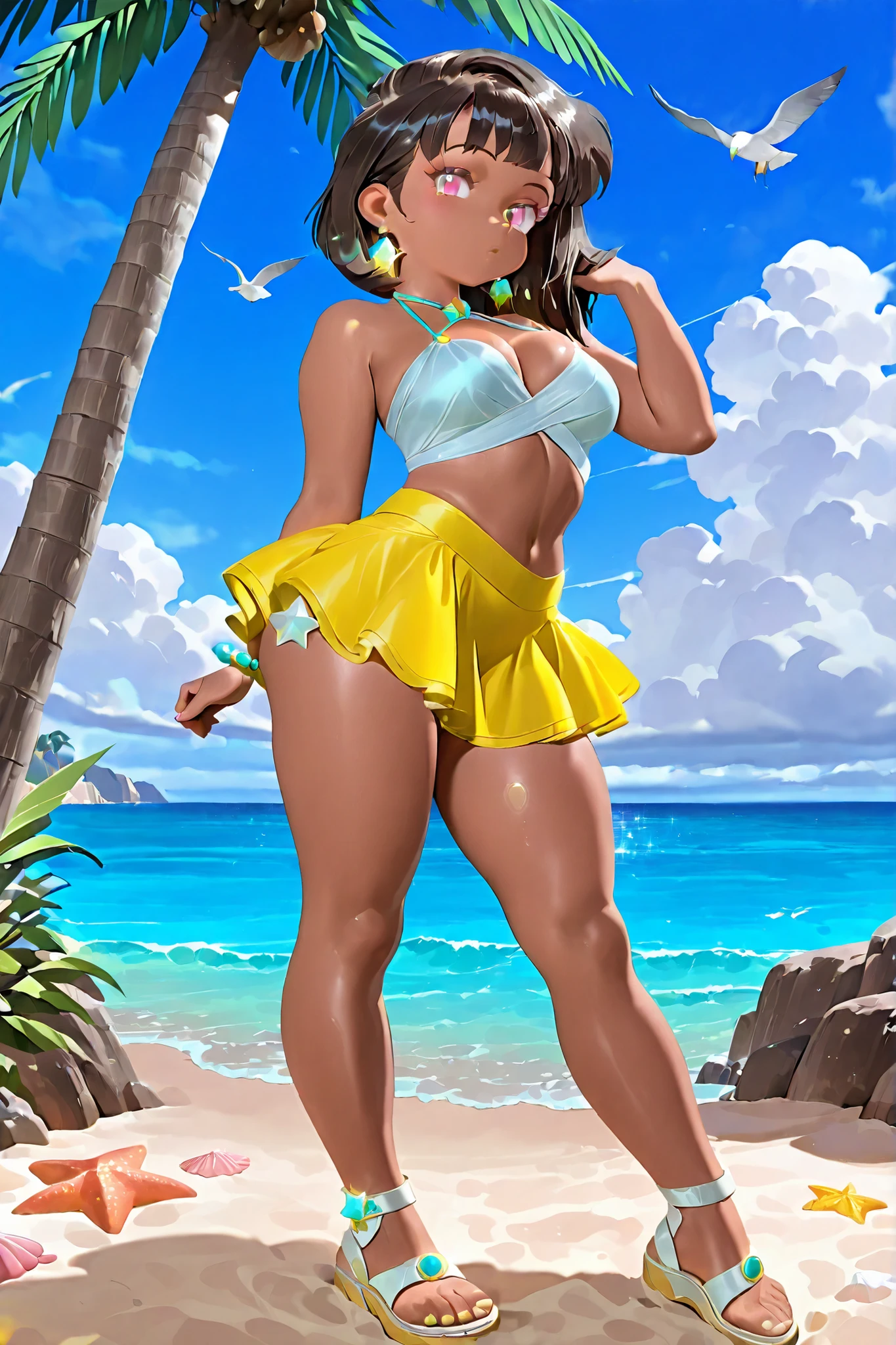 1girl, beach, bird, solo, outdoors, jewelry, earrings, palm_tree, sky, cloud, tree, breasts, skirt, sandals, yellow_skirt, starfish, dark_skin, seagull, dark-skinned_female, ocean, bangs, pink_eyes, full_body, looking_at_viewer, standing, cleavage, medium_breasts, star_(symbol), sand, arm_up, medium_hair, blue_sky, cloudy_sky, black_hair, midriff, brown_hair, water, toenails, bare_legs, day, arm_at_side, closed_mouth, glowing, bare_shoulders