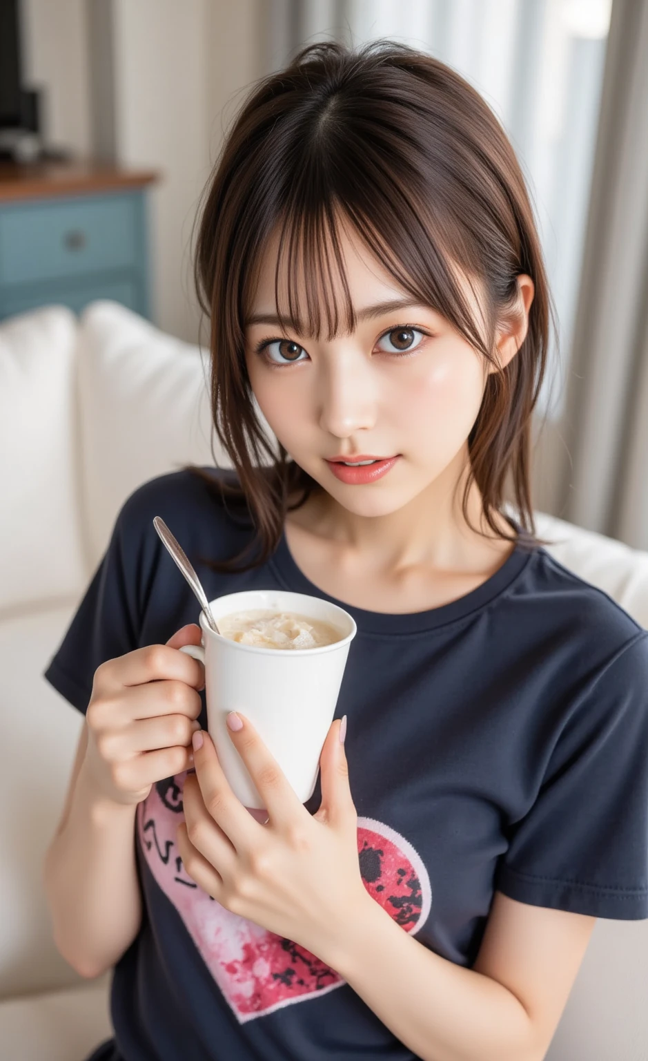 (8K, RAW Photos, Highest Quality, masutepiece: 1.7), (Realistic, Photorealistic: 1.9), NSFW, (Blushing, shy), Sweaty face, (business office room), (Full body, whole body), ((Small breasts)), (((have a cup, Large amounts of cum in a cup))), open the mouth, (projectile cum)