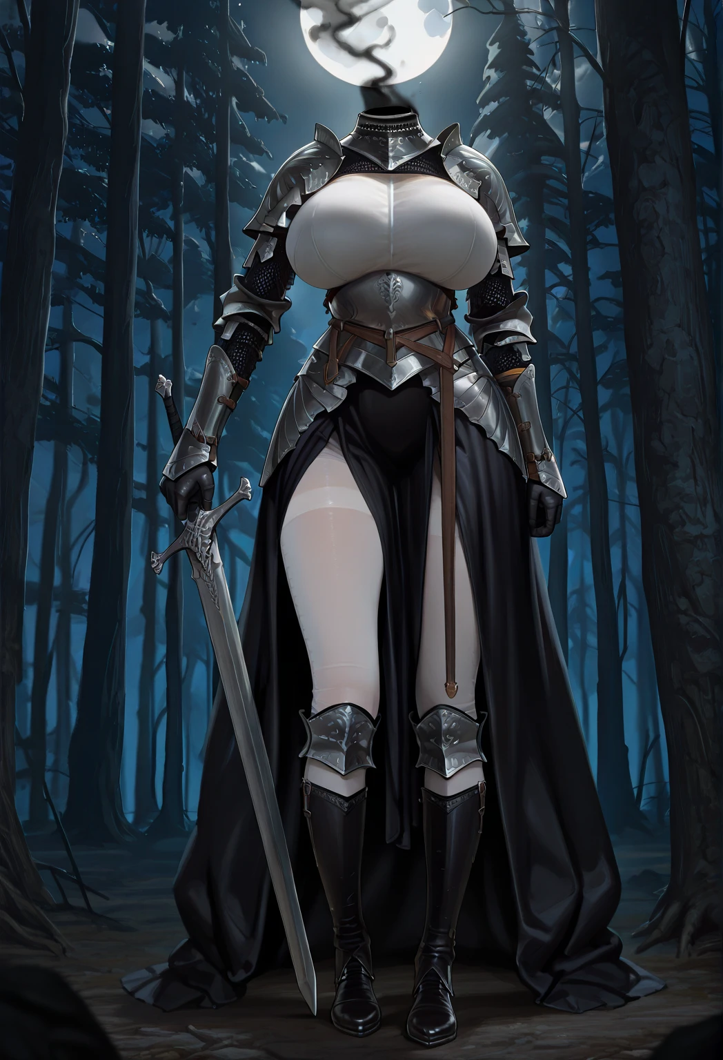 Female anime character with long black hair and white eyes posing in this way, to make her look like a demonic lady of dark souls, what she's holding with a sword, 1girl, 独奏, pectorals, Yellow eyes, pointed ears, upper-body, looking a viewer, black hair, hair ornament, gloves, Jewelry, dark skinned female