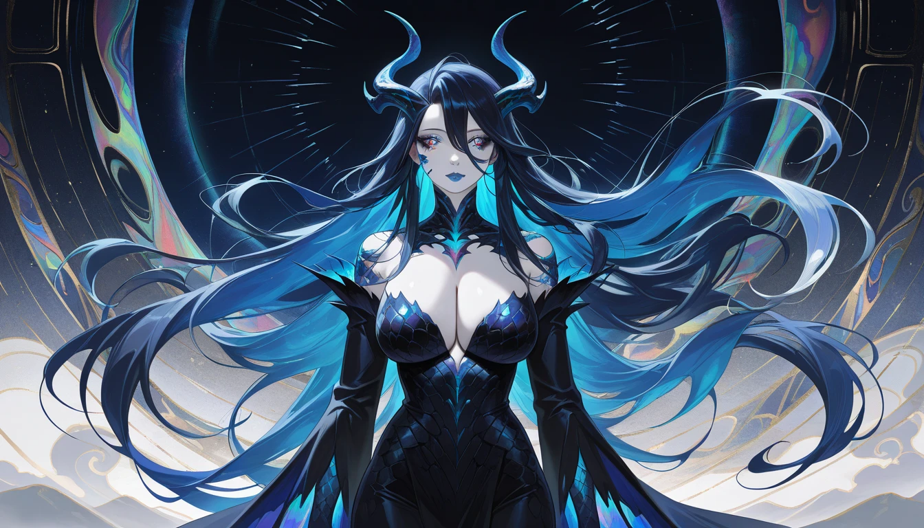 Esdeath, breasts, long hair, blue hair, blue eyes, hat, solo, very long hair, peaked cap, (best quality,4k,8k,highres,masterpiece:1.2),ultra-detailed, warlock, glowing yellow eyes, skulls, stars, celestial signs, thorns, standing in a casting pose, holding both hands with pitch black orbs, heavy breathing, blue eyes, hollow eyes, lips, steaming face, glowing eyes, white eyelashes, smirk, upper teeth, wet, sweating, chest tattoo