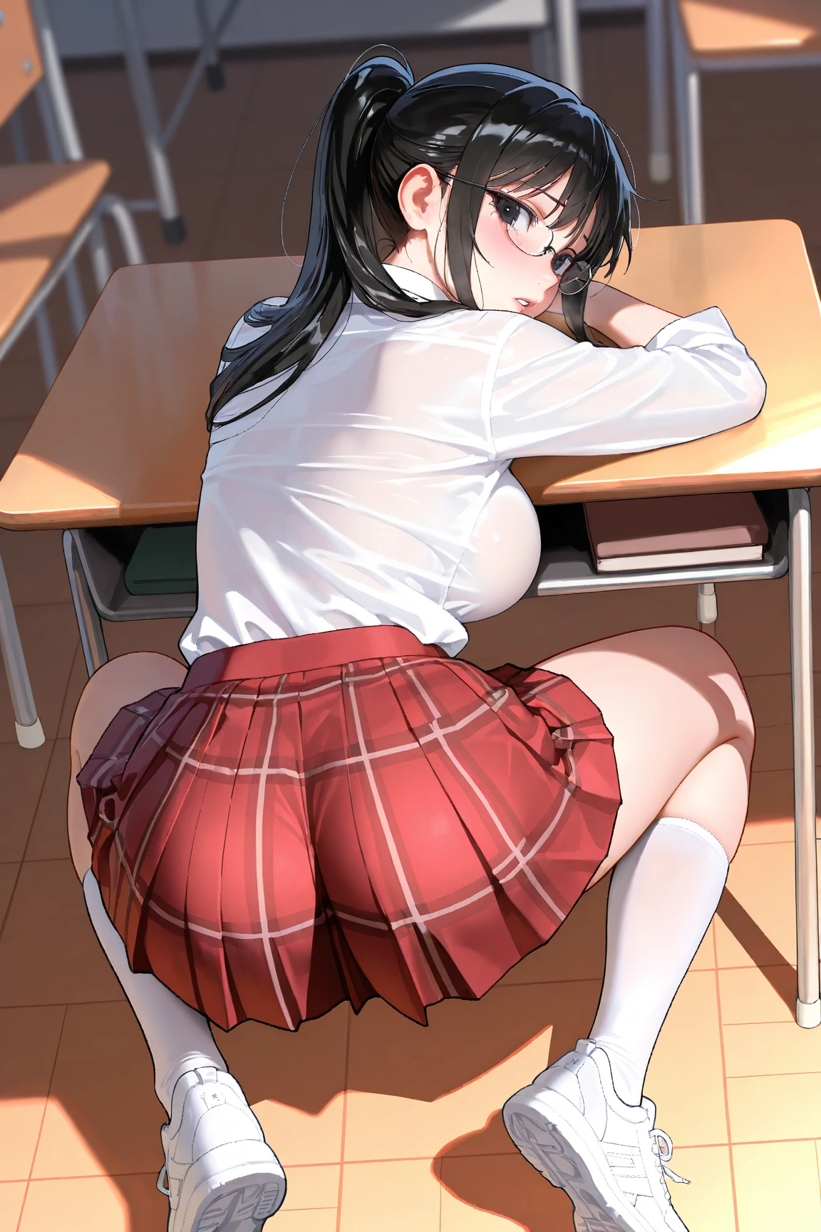 rintohsaka, rin tohsaka kyockcho, aqua eyes, (black hair:1.5), hair ribbon, long hair, ribbon, sidelocks, two side up, (parted bangs:1.5),
BREAK black skirt, black thighhighs, long sleeves, miniskirt, pleated skirt, (red sweater:1.5), skirt, sweater, thighhighs, turtleneck,
BREAK indoors, classroom,school,desk,tables,
BREAK looking at viewer,
BREAK (masterpiece:1.2), best quality, high resolution, unity 8k wallpaper, (illustration:0.8), (beautiful detailed eyes:1.6), extremely detailed face, perfect lighting, extremely detailed CG, (perfect hands, perfect anatomy),standing, from behind,back view photo,full body,long legs, shows panties,upskirt,sexy panties,wet panties,