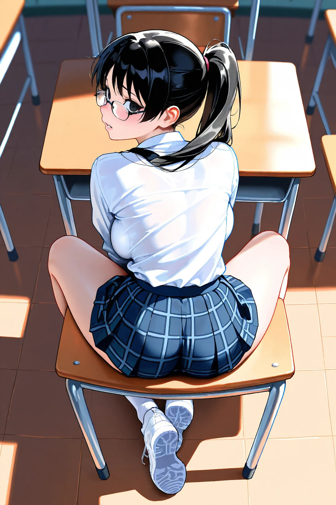 (Tabletop, high quality)
Browsing Caution, Girl crouching at school desk, return, teeth, Kneel, From below, Close up ass destruction girl in uniform, Seraphim, White shirt, Black Skirt, Black medium hair, Shiny Hair, Shiny skin, Light blue striped panties, String,
Breaking the background, Shabby room