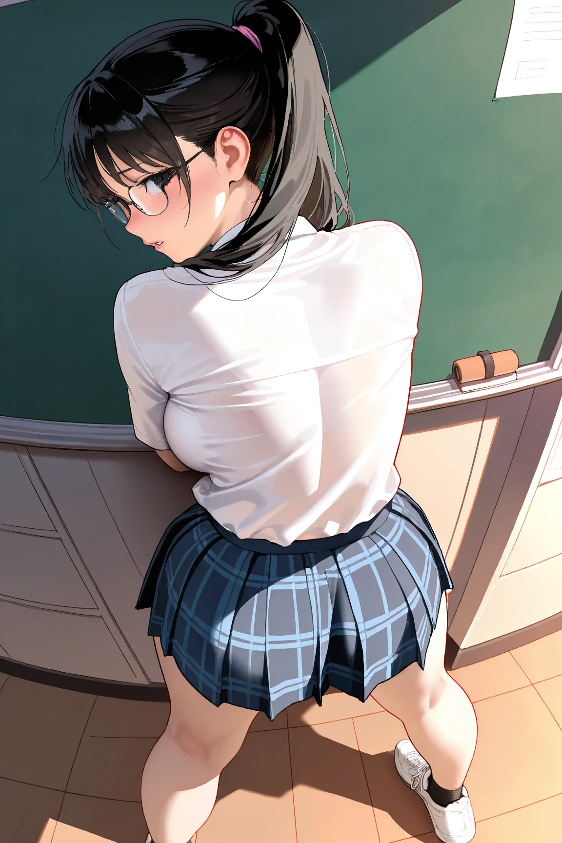 hight resolution, top-quality, ultra-quality, The ultra-detailliert, lighting like a movie、small tits、School Library、all-fours、s ass、embarrassed from、A dark-haired、Black-rimmed glasses、Wearing sweat、full of sweat、surrounded by books、white panties、Short sleeve black sailor suit、perfect buttocks、nice butt、
