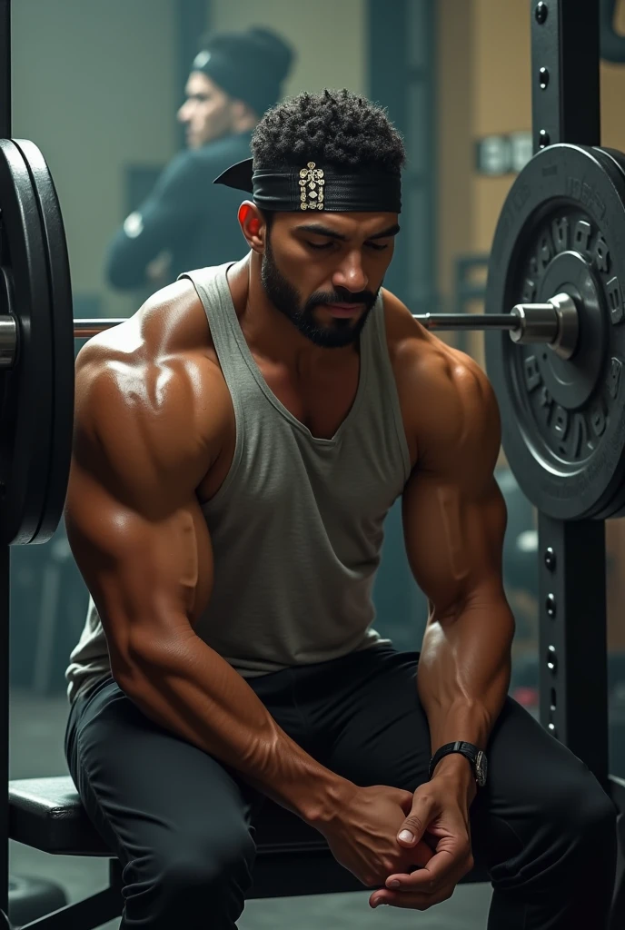 "A muscular man is performing a bench press at a gym. He is lying on a straight bench, It's on its side, holding a weight bar with his hands shoulder-width apart, pushing the weight upwards. The surrounding environment is a gym with weight training equipment and people around, weight plates and a floor covered in black rubber mats. The wall in the background is red with the word UP written on it, and the lighting highlights the man's muscular definition, with emphasis on his well-defined pectoral and abdominal muscles. The scene captures the intensity of the workout in a weight training environment."