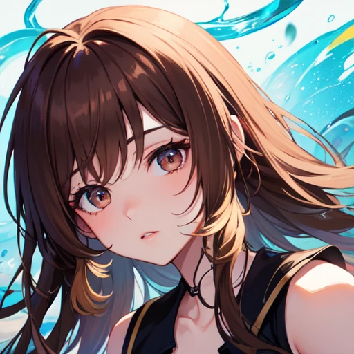 ((Highest quality)), ((masterpiece)), (detailed), ((small breasts)), face close-up, looking at viewer, 20-year-old woman, Brown medium hair, Underwater Scenery, Deep blue eyes、Complex pupil、Intricate weaving, front、 School Swimsuit、