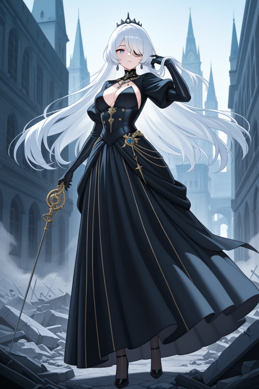 masterpiece, best quality, highres, ddsaber, pale skin, black dress, <lora:artoria_pendragon_v2:0.9>, hand on hip, frown