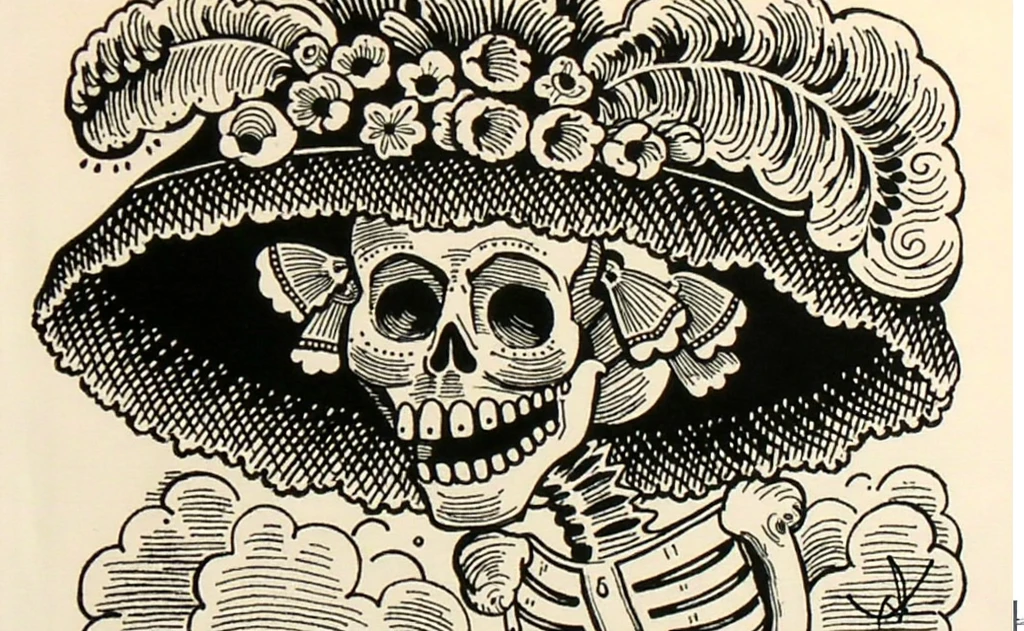 animal, pokemon, LUT, hybrid Dansemacabre black and white highly detailed line art illustrating a day of the dead card with a smiling cute mexican girl in traditional white skull facepaint holding out a hand to the viewer as an invitation to the afterlife. Border of various native marigolds entwined into a complicated pattern. This card was printed by hand-pressed woodcut in a printing press.
<lora:DanseMacabre:0.75>,
<lora:CuteLora:0.60>,