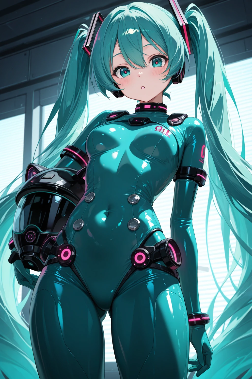 Hatsune Miku Vocaloid, Twin Tails, Light Blue Eyes, Light Blue Hair, Bod ysuit, (mecha girl), Cyber punk, Ultimate Physical Beauty, Beautiful Eyes, big breasts, embarrassed look , bedroom, Bigchest, 8K CG, Top Quality, Best Image Quality,