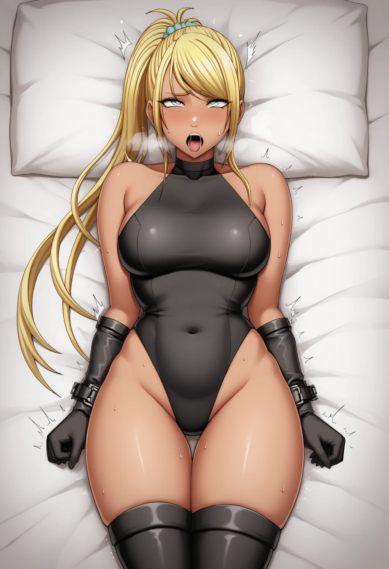 1 mechanical woman,golden hair,amber eye,very long straight hair,forehead,huge breasts,orgasm,smile,saliva,parted lips,topless,bottomless,mechanical arms,mechanical legs,breast milk,from left in front,standing,arms behind head,arms up,open legs,sweat,pussy juice,vibrator,woman's masturbation,1 boy,grabbing woman's breasts,bed side,