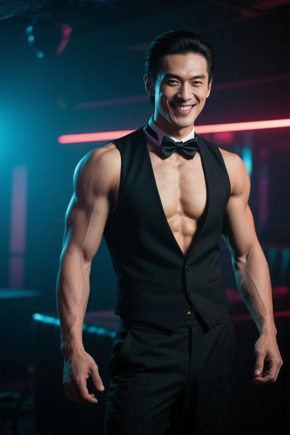 A very fit man with lots of muscles, big penis, engaging in a strip tease, dressed as a police officer, at a bachelorette party. (best quality,4k,8k,highres,masterpiece:1.2),ultra-detailed,(realistic,photorealistic,photo-realistic:1.37), HDR, UHD, studio lighting, extreme details, vivid colors, bokeh, portraits, exotic colors, energetic atmosphere, sexy, seductive expression, muscular body, toned abs, sculpted biceps, arresting tattoos, police uniform, complete with badge and hat, confident posture, flirtatious eye contact, playful dance moves, sparkling disco lights, excited cheering and laughter, luxurious bachelorette venue, elegant decorations, sophisticated cocktails, vibrant atmosphere, lively music, joyful celebration. No nudity, safe for work