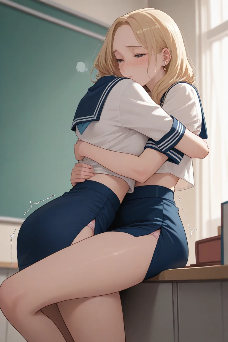 (((masterpiece, Highest quality, High resolution, 超High resolution, Pixel perfect, Written boundary depth, 4K, About RTTX10.0))), Beautiful Anime Women, Beautiful art style, Anime characters, ((Smooth texture, Realistic texture, Anime CG Style)), Exact finger count、Exact number of legs、(Exact number of arms:1.0, Exact number of hands:1.0), (Perfect hands, Perfect Anatomy), Cinematic, Realistic, Highly detailed CG, Daytime lighting, Perfect lighting, Best Shadow, The best natural light, whole body, Perfect body, (Slender body:1.2), whole body, ((bangs, Dark brown hair, ponytail)), ((Two women stand with their tongues close together, The tongue is connected by mucus:1.7)), ((Beautiful eyelashes)), ((Detailed face, Blushing:1.2)), (Beautiful and large breasts:1), (Amazingly beautiful girl), (School classroom:1.3), (Fashionable white shirt, Sailor collar, Navy blue sailor suit, Knee-high socks, Navy pleated mini skirt:1.3), (Open your mouth wide:1.5), (セクシーでcuteパンティ, Shiny satin side-tie light blue panties, Light blue panties with a plain center and lace on the sides:1.3), ((close your eyes:1)), ((cute, Sighing expression)), Breathe with your shoulders, sexual pleasure expression, Holding in pee、Patience is the limit、On the brink of climax, (Perfect Anatomy, Perfect number of arms, Perfect hands)、(cum on face, cum in mouth:1.1), Side angle, kiss