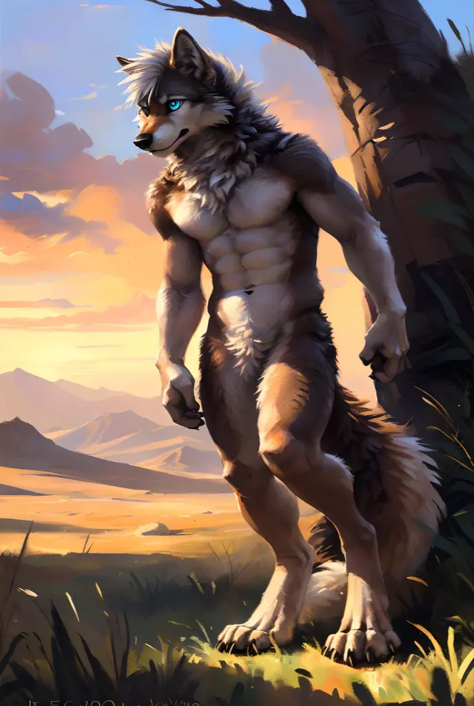 ((Solo)), male people, anthro wolf, (Multi-colored fur, White-brown:1.3，White tail pointed), (Height 2.1m,Tail length 1.5m), ((Wolf face, Big eyes, White eyelids, Blue pupil, Slim:1.2) (Tough, Calm expression:1.2)), Abs, Slim, pinging)), (Correct anatomy), Naked all over the body,A long big tail，Feet，(Realistic fur, Detailed fur texture, labeled:1.3)), (Natural lighting), Photorealistic, Hyperrealistic, ultradetailed, by Kenket，Field，No artifacts