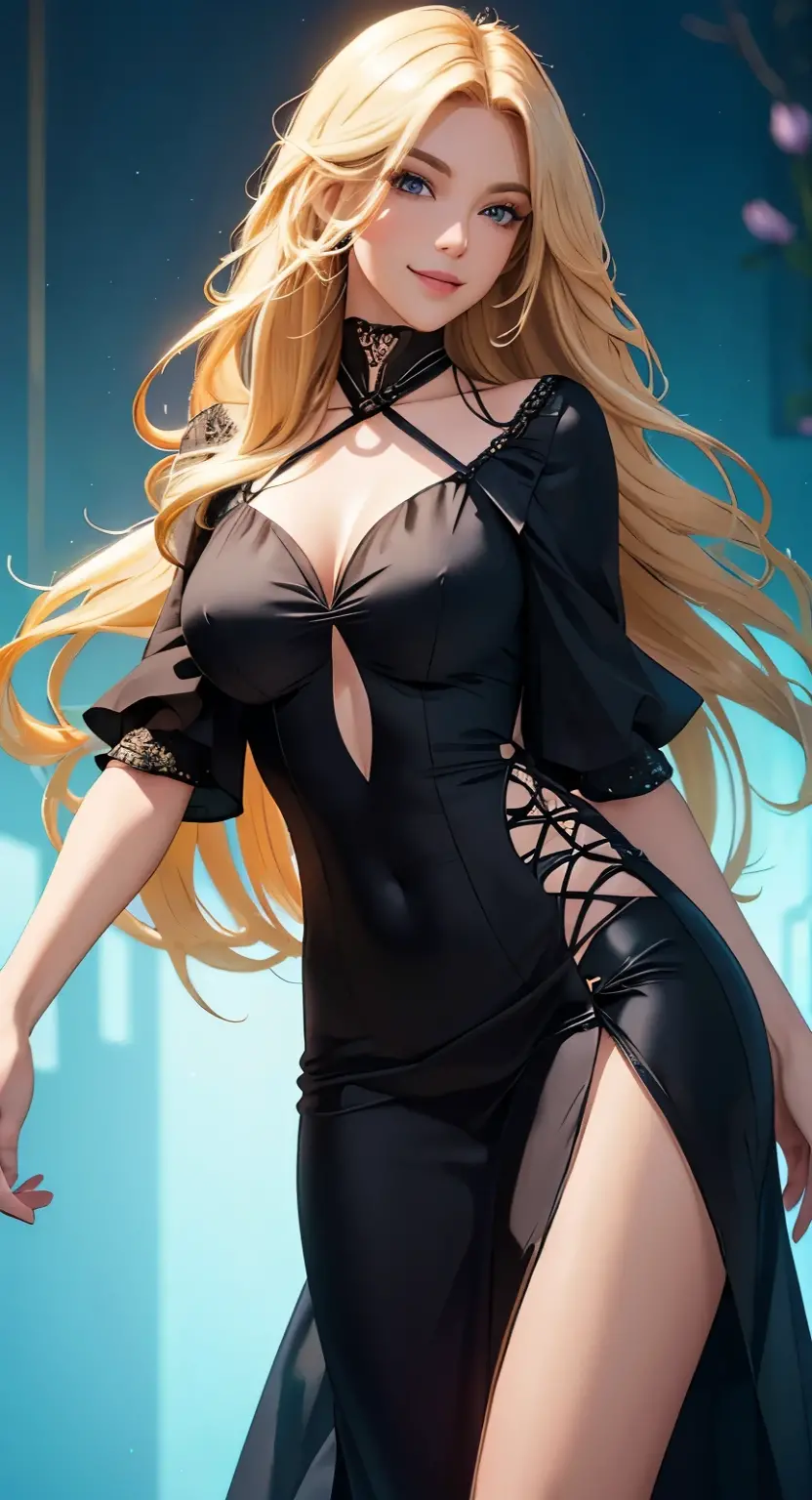 (high quality, 8k, 4K, high contrast, artwork:1.2, high quality, best aesthetics), (dynamic angle), ((1 woman)), erotic, sensual, mature body, super detailed, beautiful face detailed, beautiful eyes detailed, detailed beautiful mouth, sexy body, perfect breats, perfect wide thighs, (white skin), (long straight blonde hair), (bright yellow pupils), (serious facial expression), (golden flower crown), (golden flower bracelet), (perfect detailed hands), (wearing a long black dress with long skirt, exposed thighs and long neckline with gold details), (aura of golden ring above the head split in the middle), (scenario of a place in empty space in yellow color)