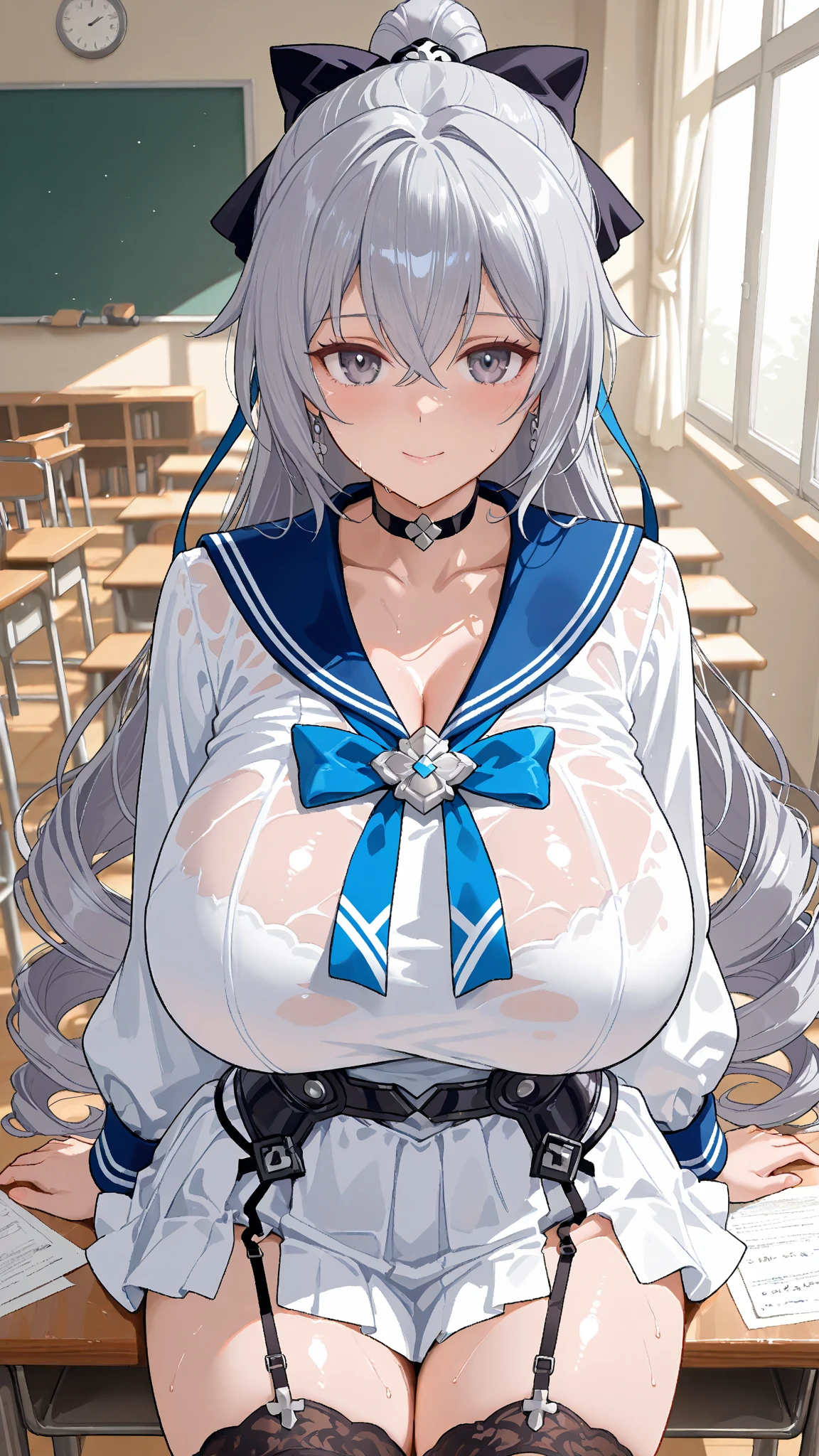 Cute naughty priestess, Pastel colors hair, large breasts, bursting breasts, Thighs, (silver hair), blue hair, long hair, (frown, pouted:1,2, blush:1.2), half updo, double bun, (naked:1.3), at the adventurer's guild, A bulletin board with posted paper