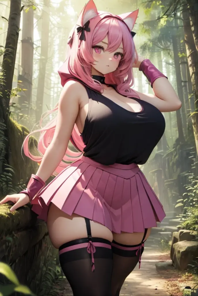 masterpiece, best quality, high resolution, uhd, 4k, 1girl, (pink hair, long hair, detailed hair, cat ears, pink eyes, black hair ribbons:1.2), (adventurer’s outfit, hood, tank top, skirt, thigh highs:1.2), forest, (curvy, thick, huge breasts:1.1)