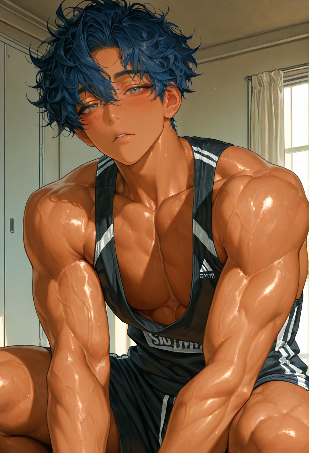 (masterpiece, best quality), 1boy, younge boy,infancy,Young age,dress room,Short round face,Flat chin,is shy,musculous, short blue-purple hair, Dark gray eyes, 复杂, (Baths), full bodyesbian,nakeness, White briefs,Pectoralis abdominal muscles,vivd colour,(depth of fields:1.2),(abs),Be red in the face,looking at viewert,A piano,spread their legs,neonlight,Colorful light effects,Fluorescent effects