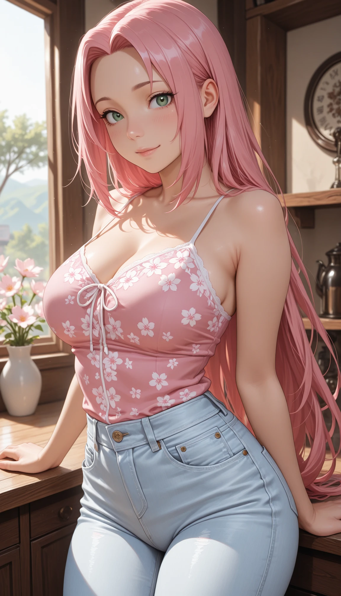 (perky chest:1.2), (pointed chest:1.2),(((Black Tunic:1.3))),(((cakes and bread in the basket),Cute and beautiful girl,masterpiece、highest quality、Very detailed、Beautiful fine details、One Girl、Detailed landscape、Training gym Room Background:1.4、Braided Ponytail、Red camisole、((B cup breasts, Tank top showing underboob:1.3)), black jacket, thigh strap, bangs, necktie, earrings, nail polish, fishnet pantyhose, multicolored hair, looking at viewer, full body, bottle, own hands together, belt, food, animal on head, black necktie, ring, choker, english text paper:1.2, collared shirt, blue eyes, platform boots, hat,lace-up boots ,
