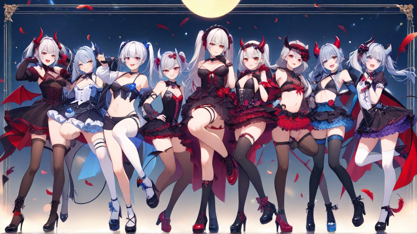 very cute devil and angel、16 year old girl(2 people)、black hair almost blue、red eyes、(Breast size according to age)、standing position、full body shot、black gorgeous dress、not wearing panties、background starry sky、Red Moon、