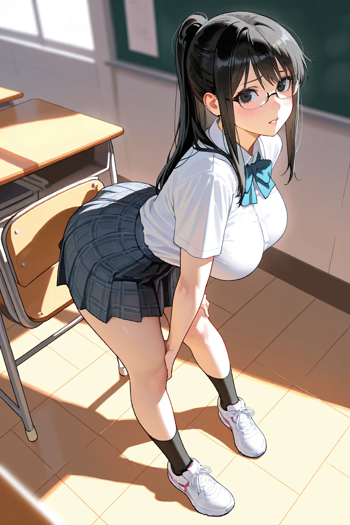 Komi, female, solo, 1female, toned, wide hips, very skinny, very thin, very slim, very slender, thick thighs, ifbb, thin waist, slendered abs, narrow waist, small waist,  erection under clothes, erection, boner, futa_overflow, futanari, bulge, bulge in the crotch , school girl uniform, black panties, school background, empty classroom, smile, smug, penis poking out of the top of panties, erect, erect penis, dick, cum, semen, shy, surprised