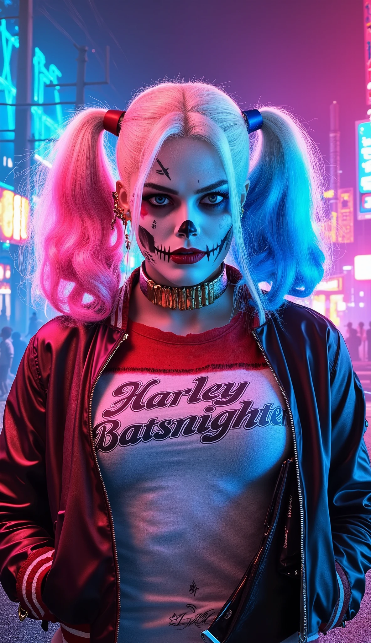 Arlequina (Harley Quinn)
Visual: Rebellious and intimidating stylized skull mask, hair in Maria-Chiquinha dyed in pink and blue.
Traje: Jaqueta, T-shirt with writing "Harley Batsnighter", tattoos and thorn necklace.
Estilo: Punk, with Gothic touch. epic neon background with people trees and pole