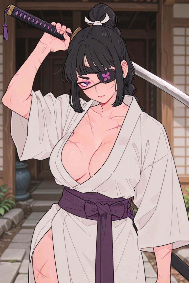 ise nanao {big tits, blushing face}, folded ponytail, glasses, black robes {opening the robe and showing her bra}, sash, hakama skirt