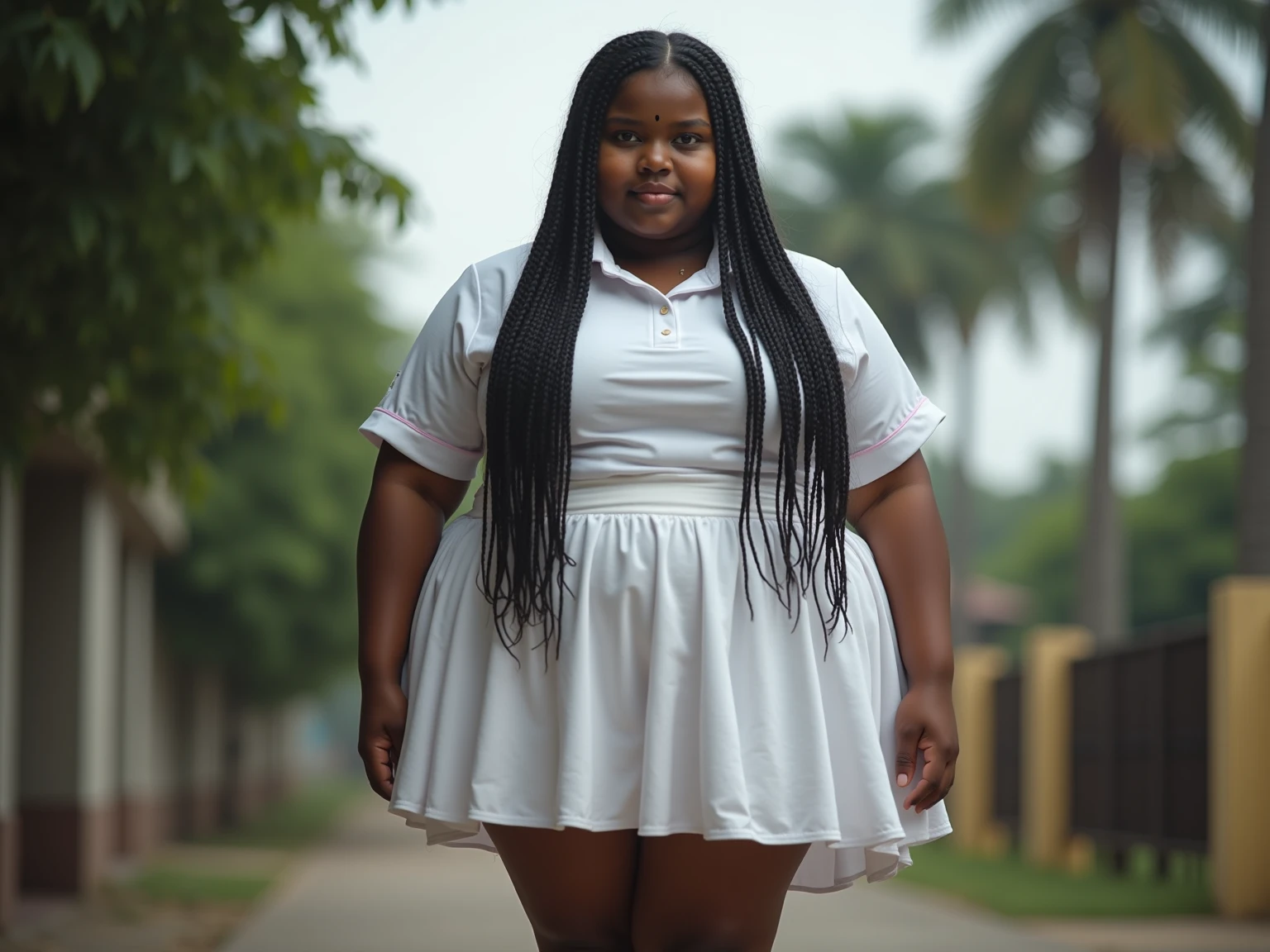 (masterpiece, best quality:1.2), 1girl, solo, curvy body, large breast size,18 years old Sri Lankan school girl wearing a white frock and colorful tie, with perfectly braided hair in plaits, barefoot, hyper realistic, cinematic look, detailed body parts with correct anatomy, realistic lightning, hyper realistic skin details, barefoot, full body shot, legs together up
