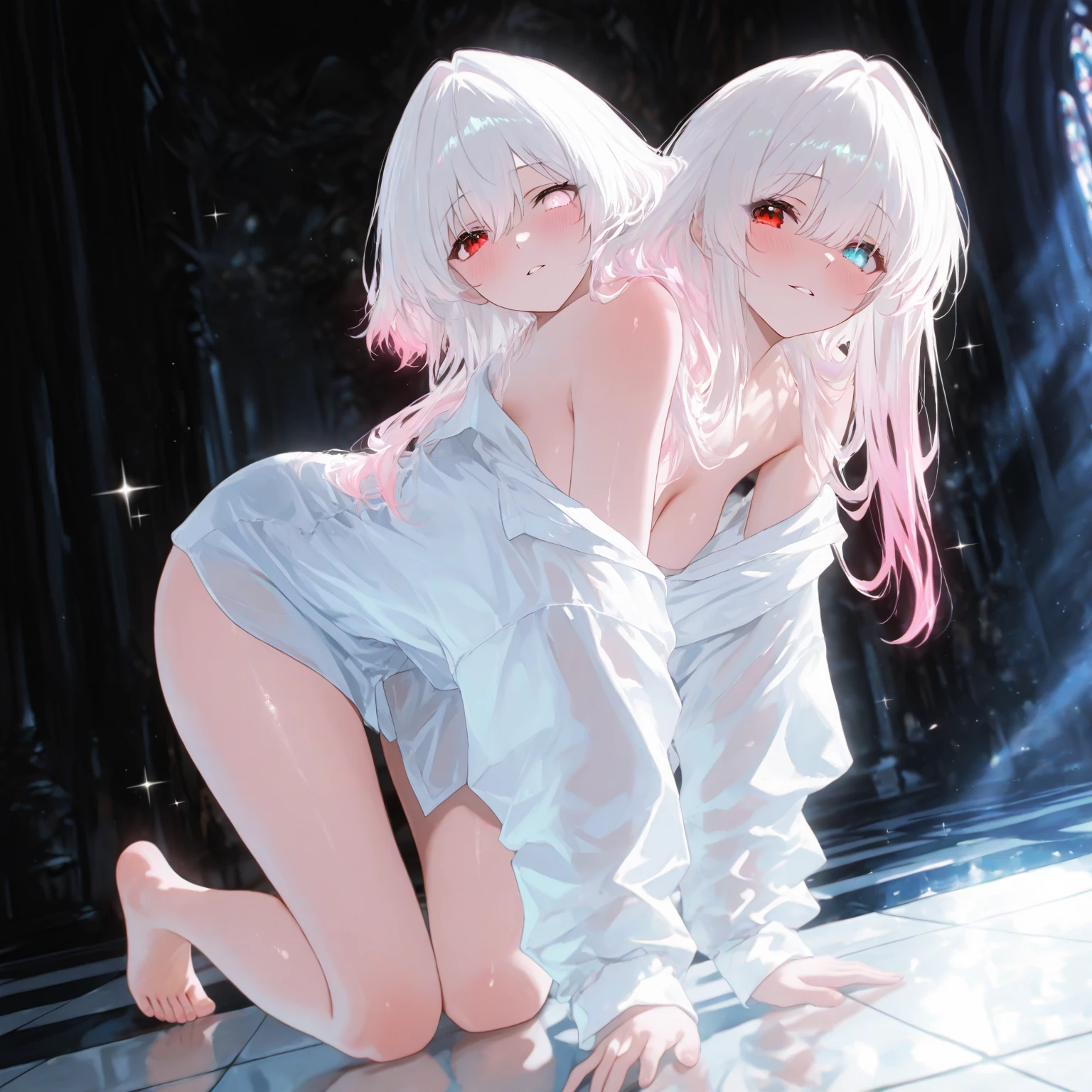 two girls, sexually suggestive, sitting, full color, Long white hair, Red eyes ，Eyeliner, Red, open air, Rose, night, ruins, Butterfly，mine same as the original, mine, , (:1.2) rest, (cheongsam), (view from below), (place one's arms behind one's back), (wild lift), thin, Crotch, best quality, high resolution, unified 8k wallpaper, (illustration:0.8), (beautiful and delicate eyes:1.6), extremely detailed face, perfect lighting, Very detailed cg, (perfect hands, perfect anatomy), soles of feet，sitting，blond，red lips，Acting cute，Feet close up，Soon，Complete feet，white，close up, ((Nude)), ((naked)) ((beautiful feet, toes)), ((fully naked, no clothes)), hot girls, ((tongue kissing))